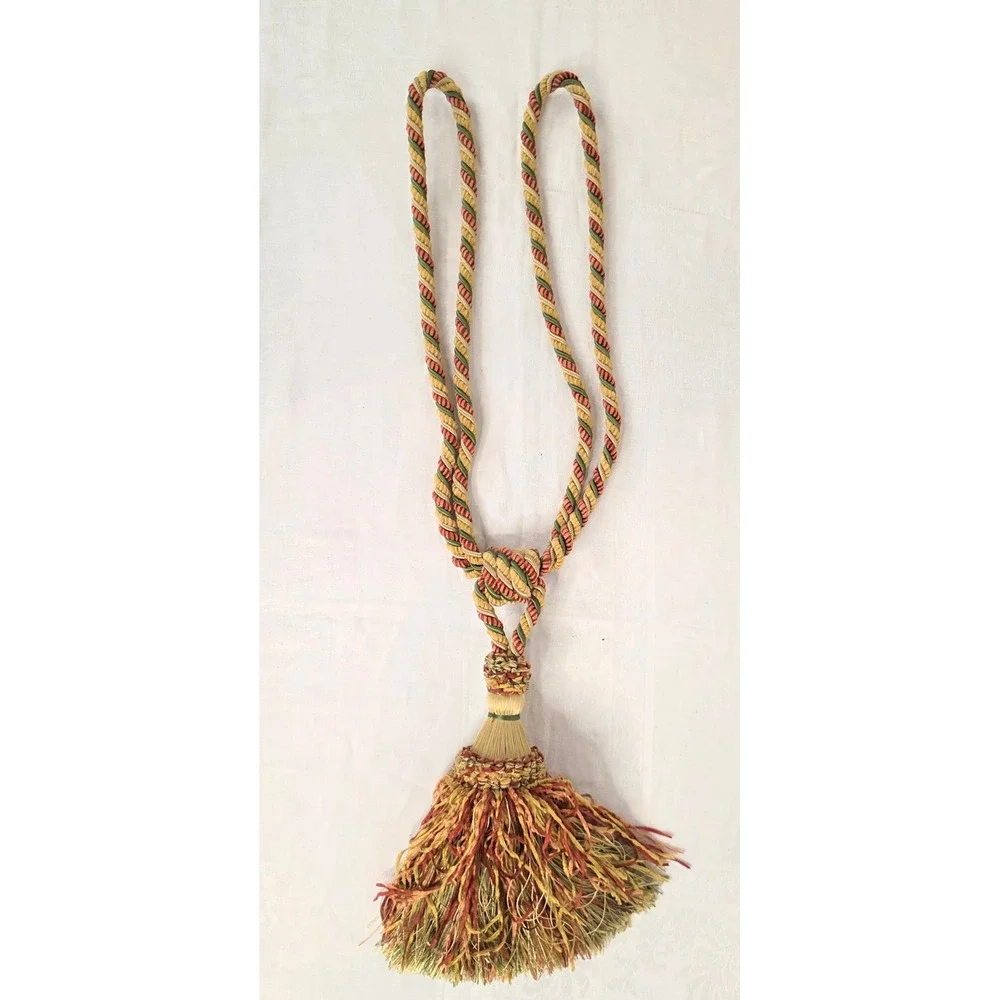 Vtg Braided Tassel Curtain Tieback Terracotta Sage Green Gold Decorative Rope